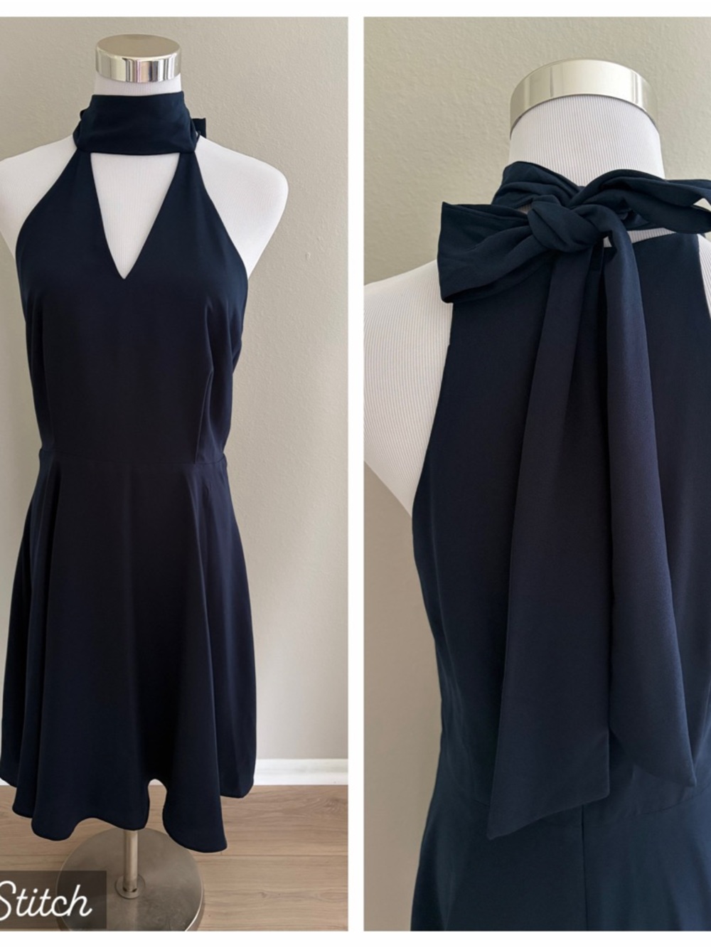 Betsey Johnson Size 6 Navy Blue Halter Mini Dress with Bow Tie Neck